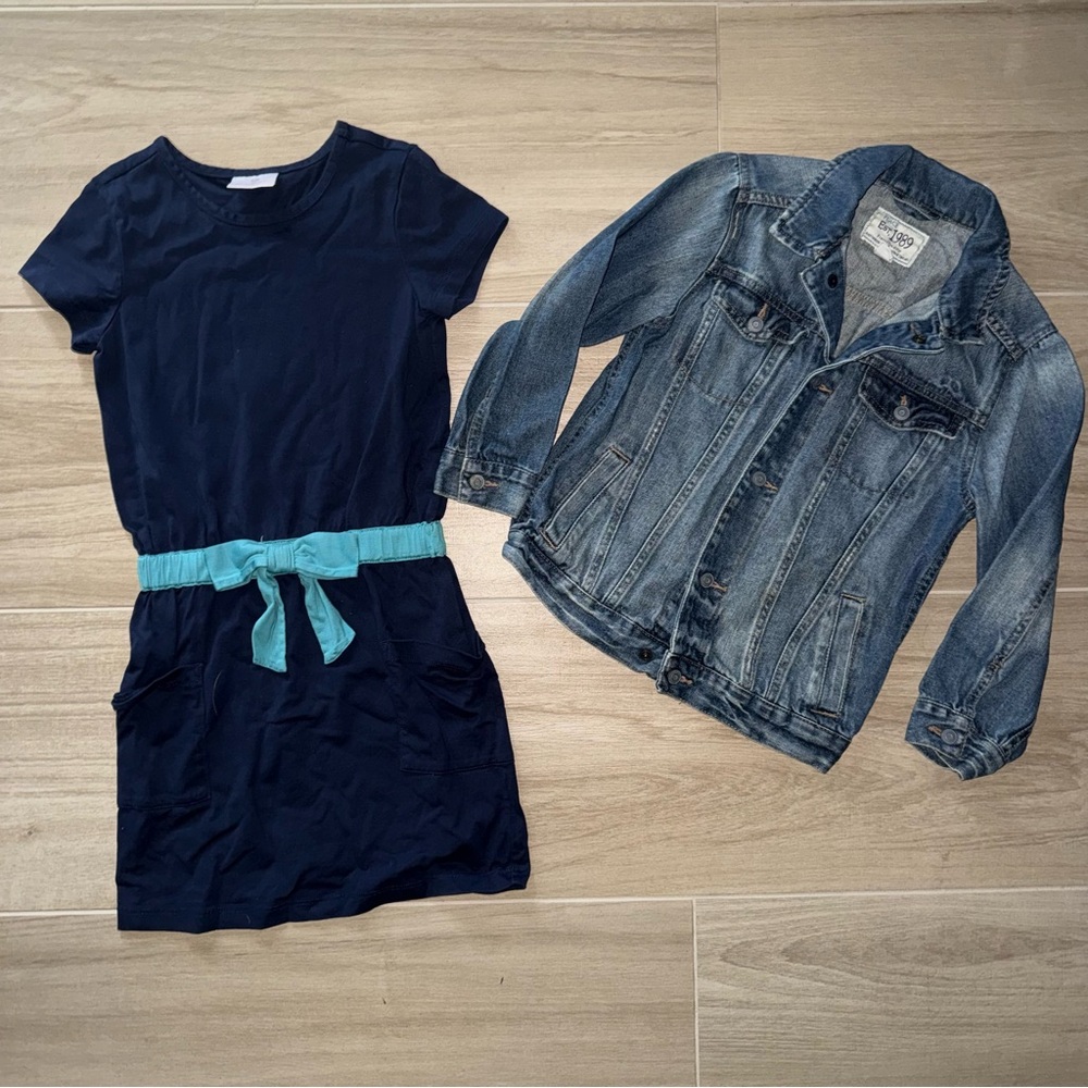 Hanna Andersson Navy Blue Kids Dress w/ Children’s Place Jean Jacket Size S/5/6